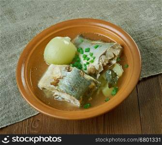 Siberian fish soup of omul (Coregonus autumnalis).