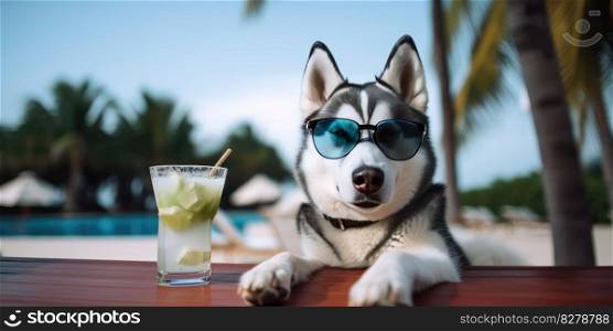 Siberian Husky dog is on summer vacation at seaside resort and relaxing rest on summer beach of Hawaii