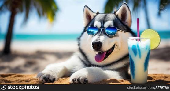 Siberian Husky dog is on summer vacation at seaside resort and relaxing rest on summer beach of Hawaii