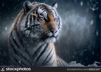 Siberian tiger laying down deep winter snow