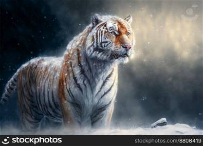 siberian tiger on the snow looking