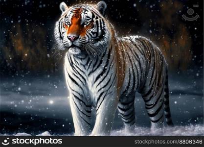 Siberian tiger standing in white winter snow