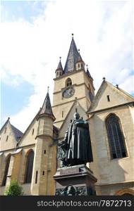 Sibiu city Romania Lutheran Cathedral architecture and statue