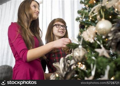 Siblings decorating on Christmas tree at home