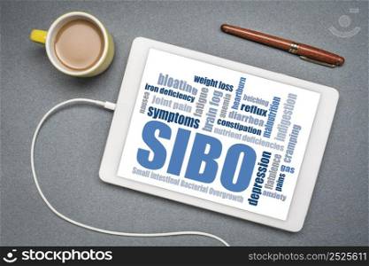 SIBO (small intestinal bacterial overgrowth) symptoms - word cloud on a digital tablet, flat lay with a cup of coffee, gut health concept