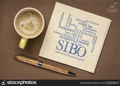 SIBO (small intestinal bacterial overgrowth) symptoms - word cloud on a napkin, flat lay with a cup of coffee, gut health concept