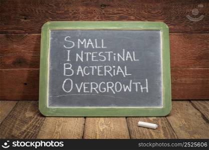 SIBO - small intestinal bacterial overgrowth, white chalk handwriting on a retro slate blackboard, medical education concept