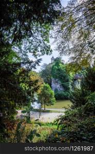 Sibyl temple and pond in Buttes-Chaumont Park, Paris, France. Sibyl temple and pond in Buttes-Chaumont Park, Paris