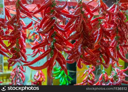 Sicilian red chillies on exibition and for sale in a typical stall