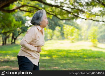 Sick Asian senior woman stomachache or Gastroenterologists, elderly have a stomach problem, acute pancreatitis cause stomach aches, symptoms gastrointestinal system disease, gut, digestion problems
