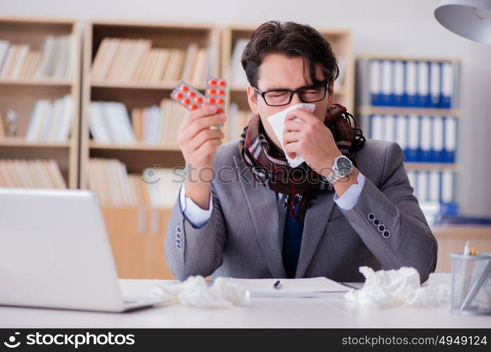 Sick businessman suffering from illness in the office