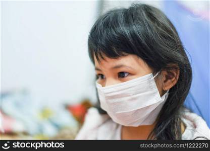Sick child Coronavirus in China pathogen Flu spreading of world, China influenza virus cells / virus 2019-nCoV Dangerous chinese corona virus pandemic risk on little girl wear protect mask medical