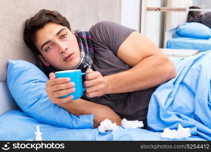 Sick man with flu lying in the bed