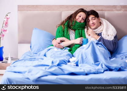 Sick wife and husband in bed in home