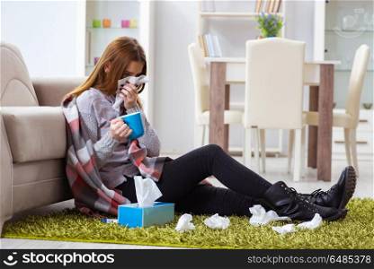 Sick woman suffering from flu at home