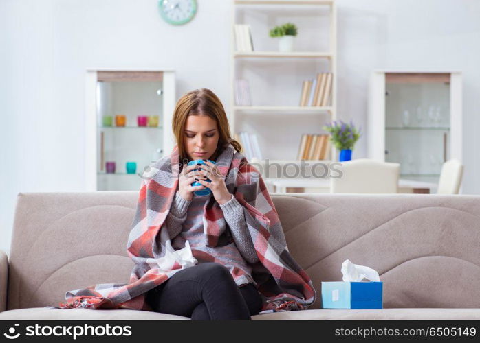 Sick woman suffering from flu at home