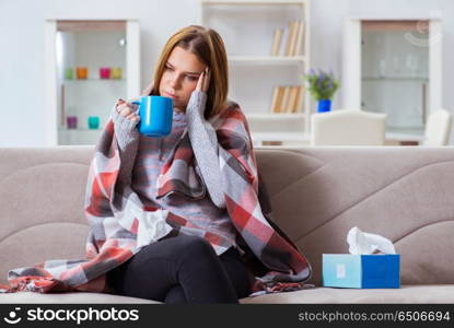 Sick woman suffering from flu at home