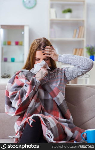 Sick woman suffering from flu at home