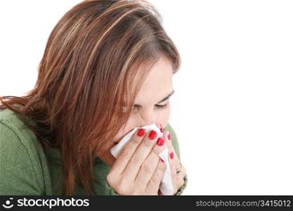 Sick woman with tissue on white