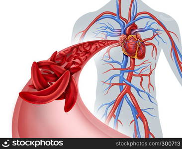 Sickle cell heart circulation blockage and anemia as a disease with normal and abnormal hemoglobin in a human artery anatomy with heart cardiovascular medical illustration concept with 3D illustration elements.