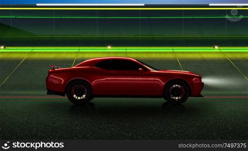 Side angle view of a generic red brandless American muscle car on a race track background . Transportation concept .3d illustration and 3d render.