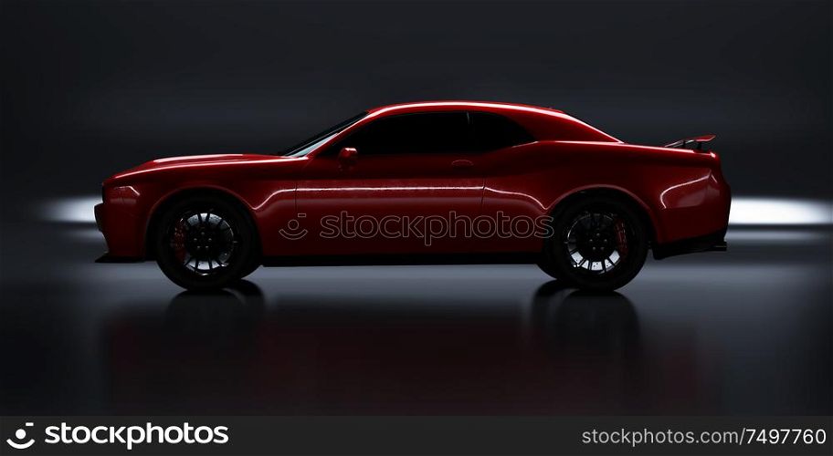 Side angle view of a generic red brandless American muscle car on a black background . Transportation concept . 3d illustration and 3d render.