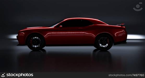 Side angle view of a generic red brandless American muscle car on a black background . Transportation concept . 3d illustration and 3d render.