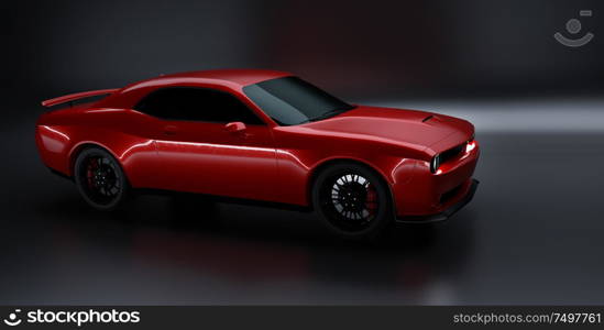 Side angle view of a generic red brandless American muscle car on a black background . Transportation concept . 3d illustration and 3d render.