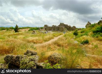 Side, Antalya, Turkey - May 12, 2013: Ruins of the ancient Greek city. Editorial