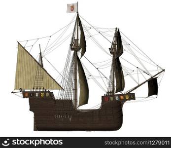 Side of San Buenaventura ship isolated in white background - 3D render. San Buenaventura ship - 3D render