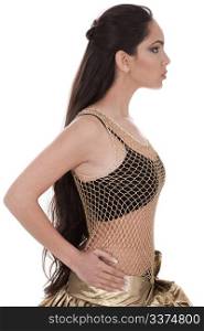 Side pose of a belly dancer with long hair on white background
