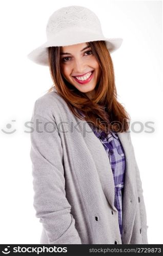 Side pose of a young model smiling on a white background.