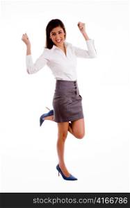 side pose of excited businesswoman with white background