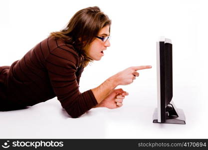side pose of male pointing at monitor on an isolated background