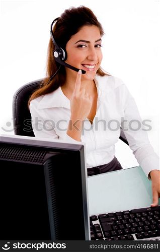 side pose of smiling telecaller on an isolated background