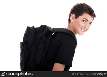 Side pose of student with school bag on isolated background