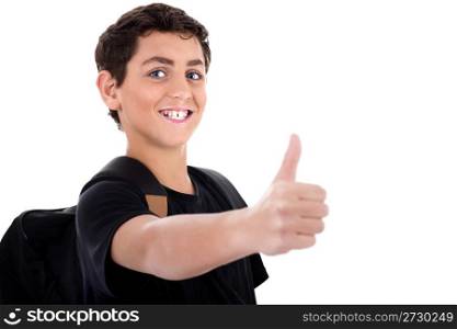 Side pose of teenager shows thumbs up on white background