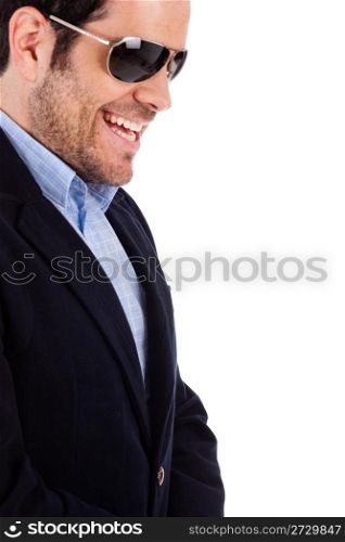 Side pose of young professional smiling with sunglasses on a white background