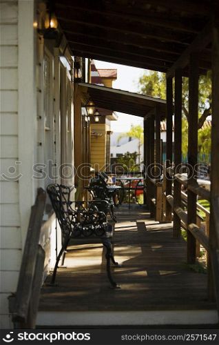 Side profile of a bench on a porch, San Diego, USA