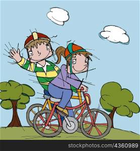 Side profile of a boy and a girl cycling