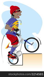 Side profile of a boy climbing stairs on a bicycle