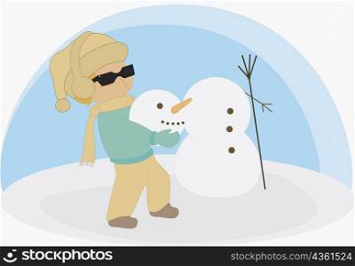 Side profile of a boy holding the head of a snowman