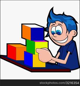Side profile of a boy playing with colored blocks