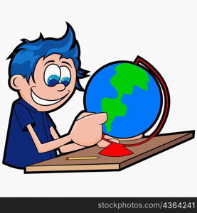 Side profile of a boy spinning a globe