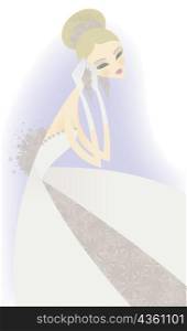 Side profile of a bride putting on earrings