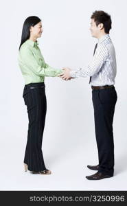Side profile of a businessman and a businesswoman shaking hands