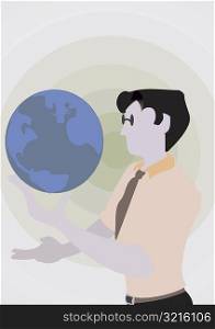 Side profile of a businessman holding a globe