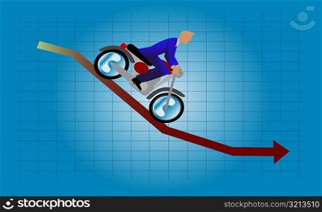 Side profile of a businessman riding a motorcycle down on a line graph