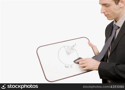 Side profile of a businessman rubbing a pie chart with his tie