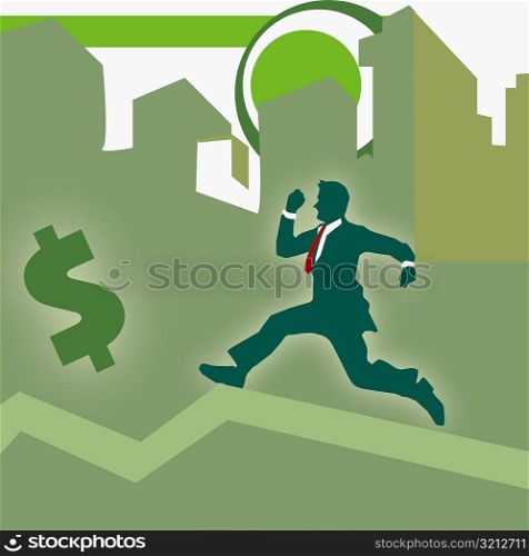 Side profile of a businessman running towards a dollar sign